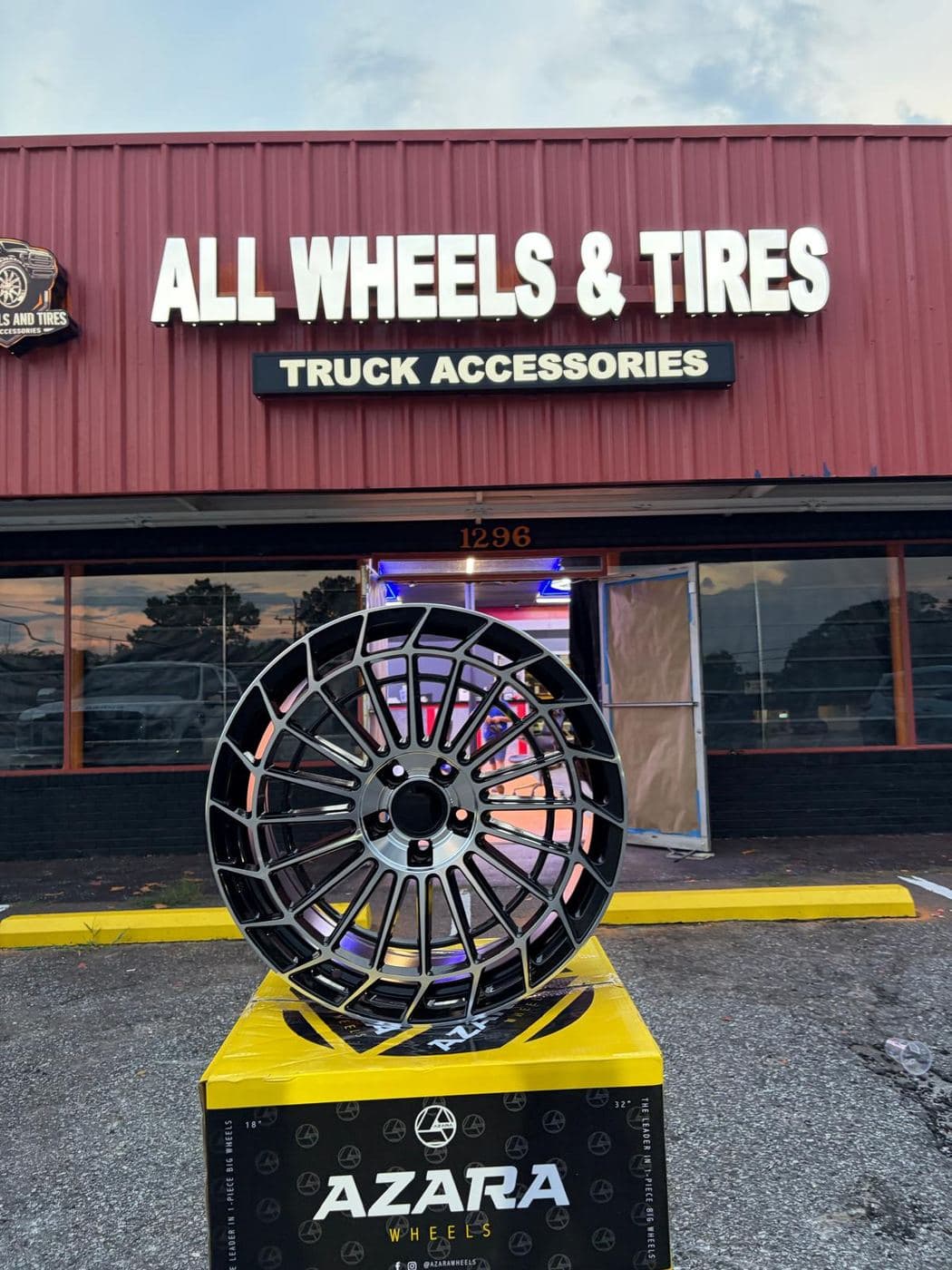 Luxury wheel on display outside the storefront